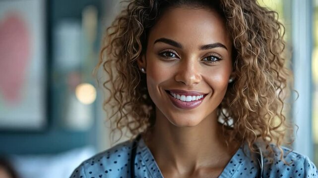 Radiant Health Professional: A striking health professional with curly hair and a warm smile, embodies competence and approachability, representing the essence of healthcare.