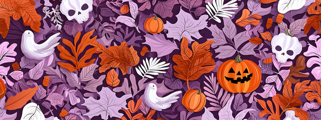 Halloween festivities with pumpkins and ghosts in a colorful autumn landscape digital art whimsical viewpoint