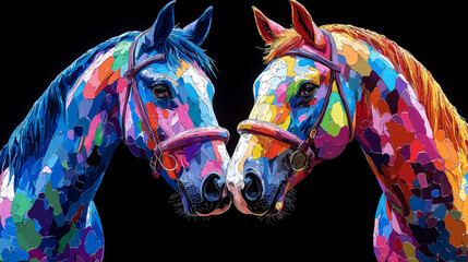 Obraz premium Vibrant Colorful Horses: A Majestic Portrait of Equine Friendship