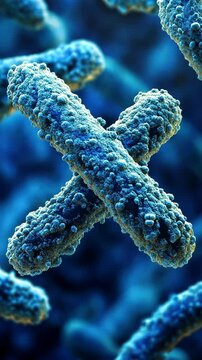 Microscopic view of bacterial structures showing complex shapes and textures in a vibrant blue environment