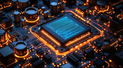 Obraz premium Close-up of an abstract electronic circuit board illuminated in neon blue, representing the flow of digital information 