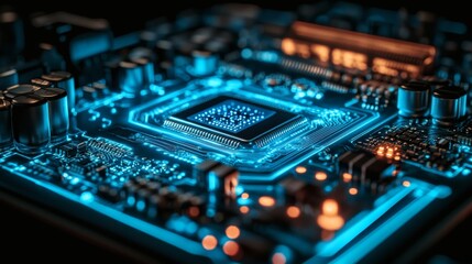 Close-up of an abstract electronic circuit board illuminated in neon blue, representing the flow of digital information 