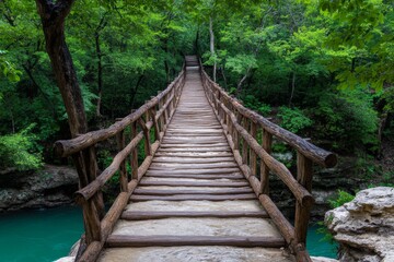 Obraz premium A rustic wooden bridge stretching across an emerald-green oasis, leading to a hidden cave