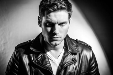 Obraz premium A subject in a black leather jacket, dramatically lit with strong contrast for an ultra-cool, cinematic feel 