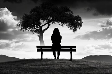A shadowy silhouette of a person sitting on a bench, lost in deep thought