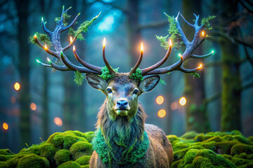A tree-like stag with glowing bioluminescent moss growing on its antlers