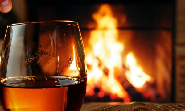 Glass with whiskey or cognac. Burning Fire In The Fireplace. Warmth and home comfort. 4K