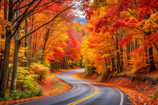 A winding road covered in vibrant red, orange, and yellow fall leaves