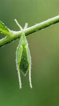 Close-up of a dewy green insect resting on a plant stem in the early morning light