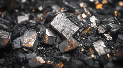 Raw Metal Ore Close Up Shiny Silver Minerals and Dark Coal Texture Background