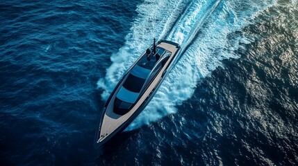 Fototapeta premium Luxury Yacht Cutting Through Azure Waters Aerial View