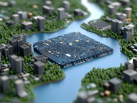 Isometric Cityscape Integrated Circuit Board Technology