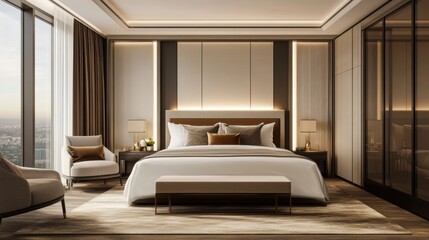 Elegant Bedroom Interior: A meticulously designed bedroom showcases a modern aesthetic, featuring a luxurious bed, comfortable seating, and ambient lighting.