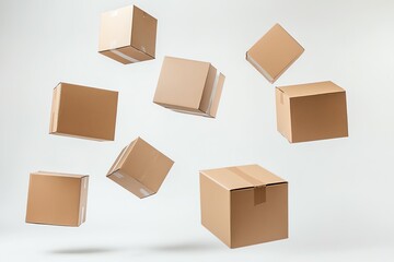 Floating Cardboard Boxes on White Background - Moving and Delivery Concept