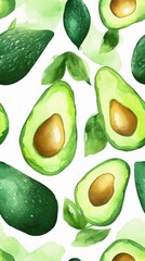 Watercolor patterns Seamless. Watercolor Avocado Pattern: Green Fruit and Leaves on White Background