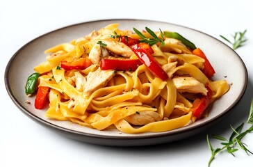Delicious Chicken Pasta Dish with Bell Peppers and Rosemary Sprigs