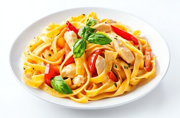 Chicken Fettuccine Plate with Red Peppers and Basil Leaves