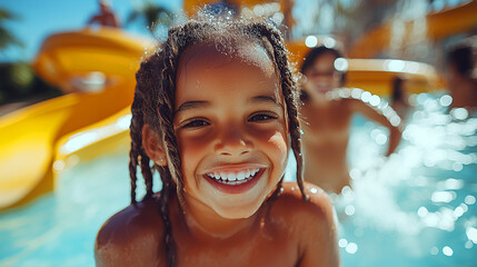 Cheerful children having fun in the water park