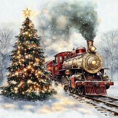 Christmas Train and Tree Illustration for Holiday New Year Celebrations
