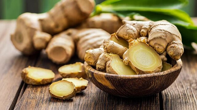 Pile of fresh ginger root, sliced and whole, sits in a wooden bowl on a wooden table, with green foliage in background