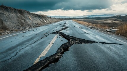 Devastation's Cracks: A dramatic visual narrative of seismic activity with an evocative display of a fractured road surface, highlighting the raw power and aftereffects of an earthquake