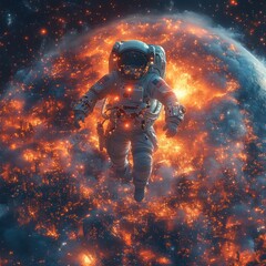 Futuristic Astronaut in Surreal City Sphere in Cosmic Nebula Space