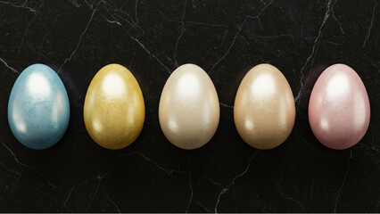 Five Easter eggs of luxury pearl color. Gorgeous black marble pattern. Vector data.