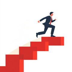 A determined businessman runs up red stairs, symbolizing ambition and career growth.