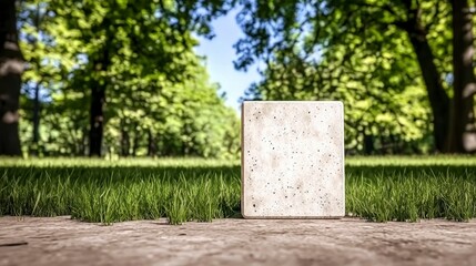 Concrete Block in Lush Green Park   Nature   Minimalist Design