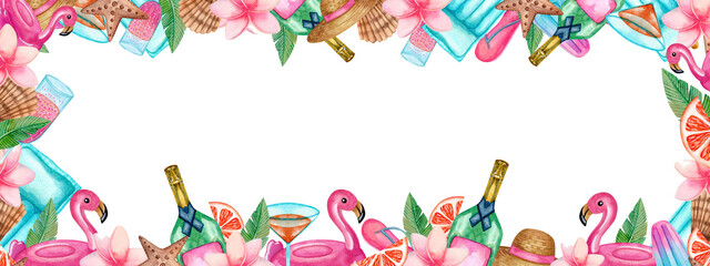 Rectangular frame watercolor illustration with sparkling wine, pink flamingo inflatable ring, shell, starfish isolated on white. Beach bag, flip flops, air mattress, frangipani for invitations, logos.