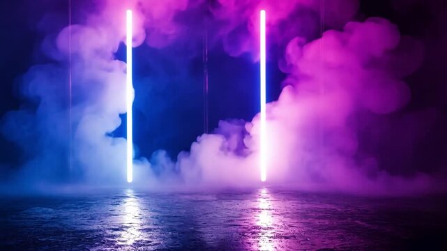 Abstract Background with Colorful Neon Lights and Fog in a Studio Setting for Creative Designs and Modern Art Projects
