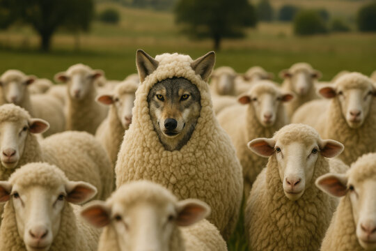 Clever Wolf in Sheep Costume Blending with Flock in Countryside Field