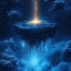 Floating Sci-Fi Island with Glowing Roots in Cosmic Space Illuminated by Dramatic Light Beam