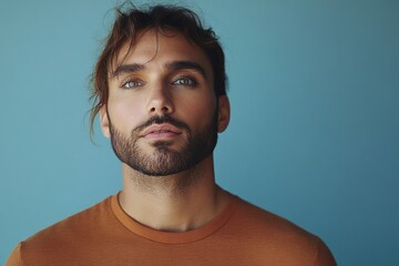 Obraz premium Minimalist Portrait of a Thoughtful Beard Man in Rust Colored Shirt on Pastel Blue Background