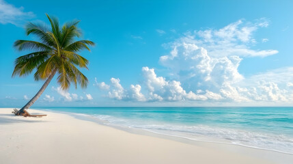 Palm Tree on Pristine White Sand Beach and Turquoise Ocean