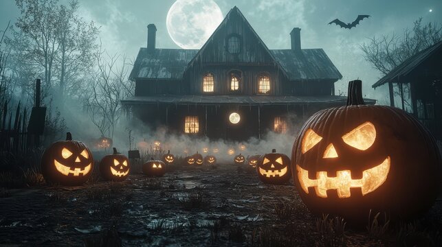 A haunted house decorated with glowing jack-o-lanterns surrounded by eerie fog creating an atmosphere of spookiness