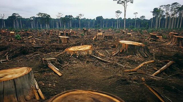 Deforested Landscape with Tree Stumps and Clear-Cut Area Surrounded by Remaining Green Forests in Overcast Weather Conditions