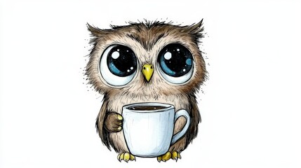Fototapeta premium Adorable Brown Cartoon Owl Holding a White Mug of Coffee