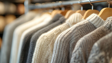 Obraz premium Cozy sweaters displayed on wooden hangers in a warm boutique setting, inviting shoppers to explore