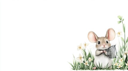 Adorable Watercolor Mouse in Spring Meadow with Flowers