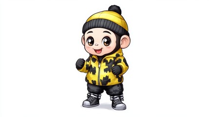 Cute Cartoon Monkey in Yellow Winter Outfit
