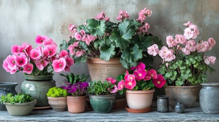 A vibrant bouquet of pink and hot pink cyclamen flowers in flowerpots on a table, surrounded by other plants and pots. This scene represents the concept of home gardening and plant care. The close-up 