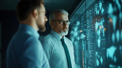 Executive team discussing sustainable business solutions in futuristic office with digital interfaces