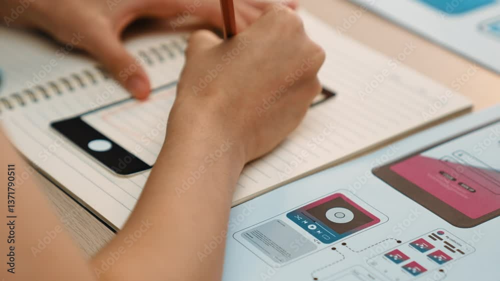 Fototapete startup company employee planning for user interface prototype for mobile application or website in 
