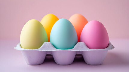 Pastel Colorful Eggs in a Lavender Carton on Pink Background