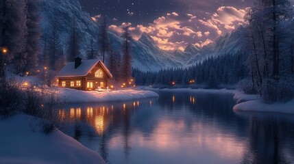 Fototapeta premium Cozy log cabin in snowy mountain landscape at night with warm glowing lights reflecting on tranquil river