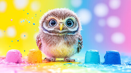 Naklejka premium Adorable Baby Owl in Vibrant Rainbow Colors: A Whimsical Artistic Portrait