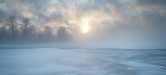 Fototapeta premium Foggy Winter Landscape Soft Light Minimalist Icy Ground Atmospheric Realism