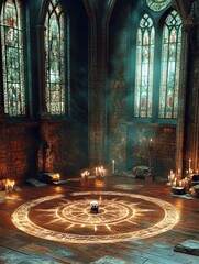 Obraz premium Gothic Cathedral Ritual Scene with Magic Circle and Glowing Runes in Dark Fantasy