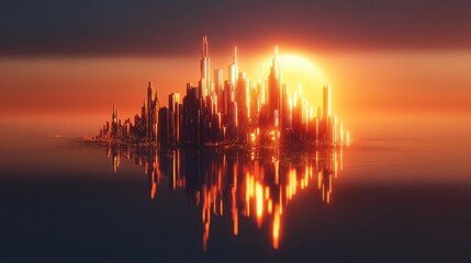 Naklejka premium Futuristic city island at sunset